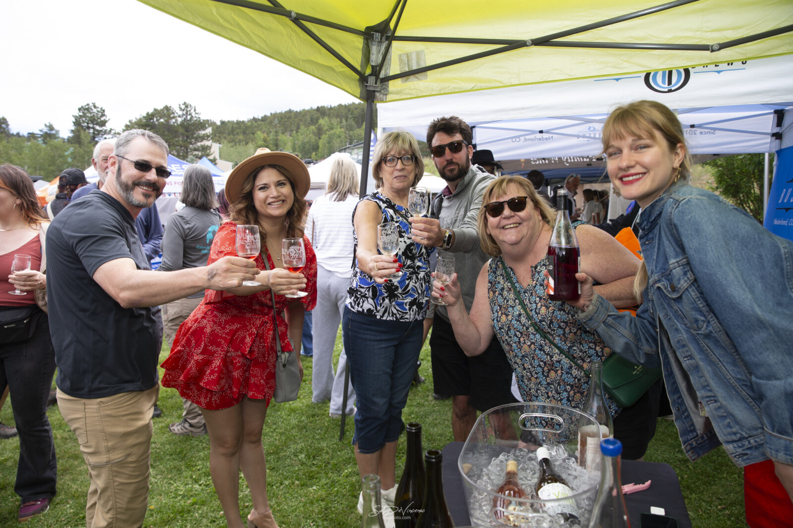 Group of people pose for camera with wine glasses at Nederland Jazz & Wine Festival