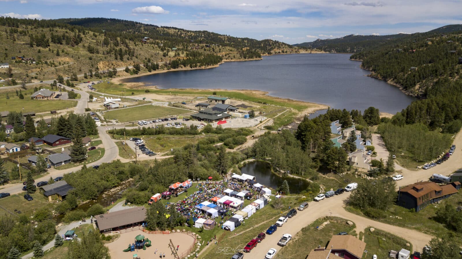 Aerial view of the Nederland Jazz & Wine Festival nearby Barker Reservoir