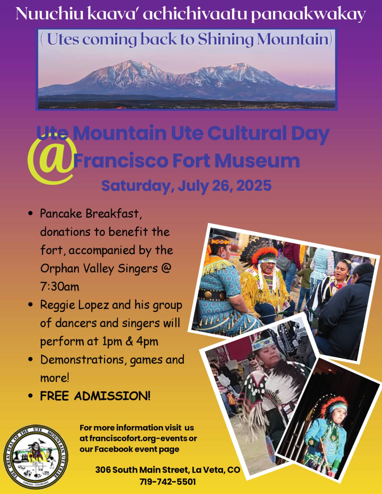 poster for the 2025 Ute Mountain Ute Cultural Day at Francisco Fort Museum in La Veta