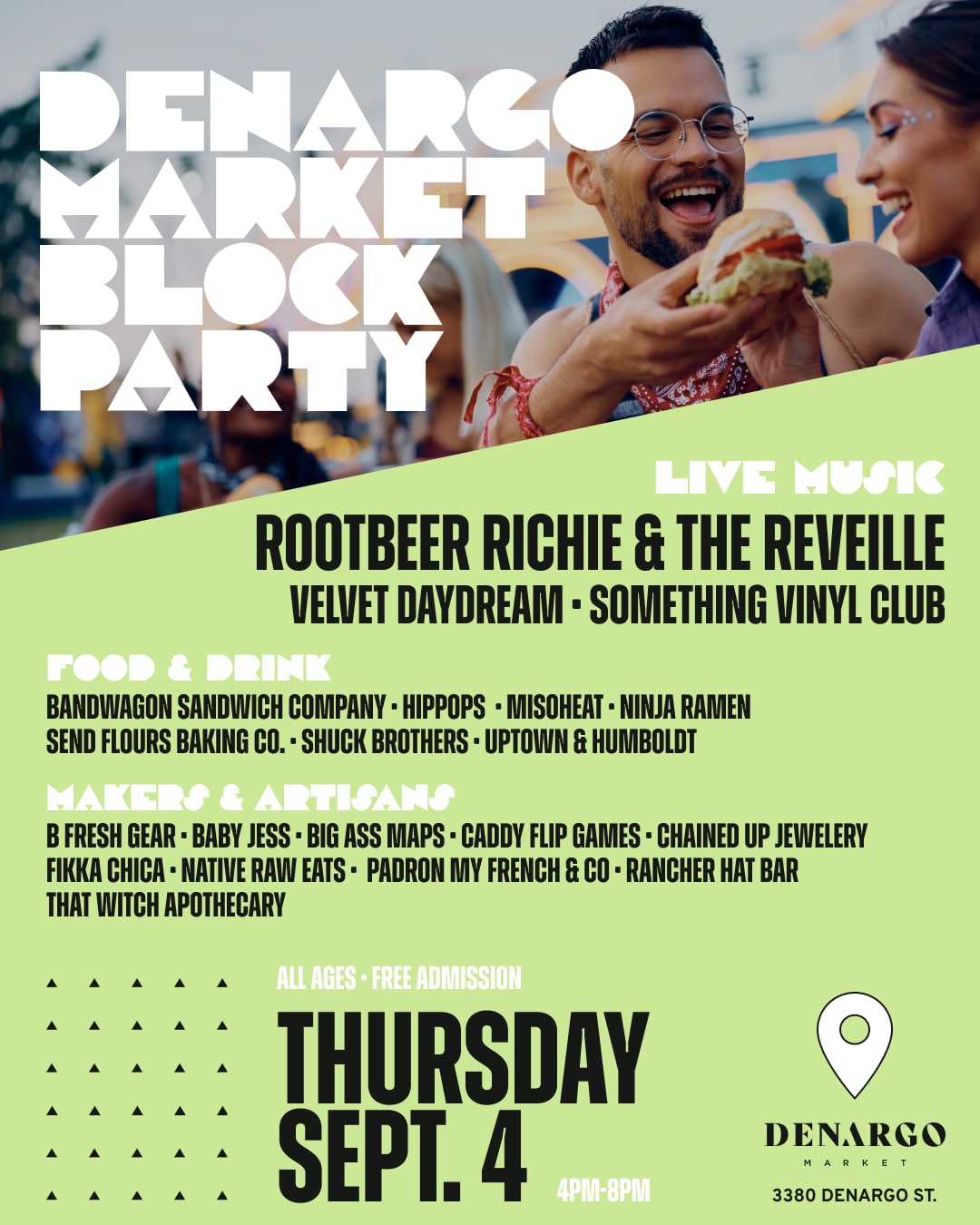 Denargo Market Block Party green flyer with bands