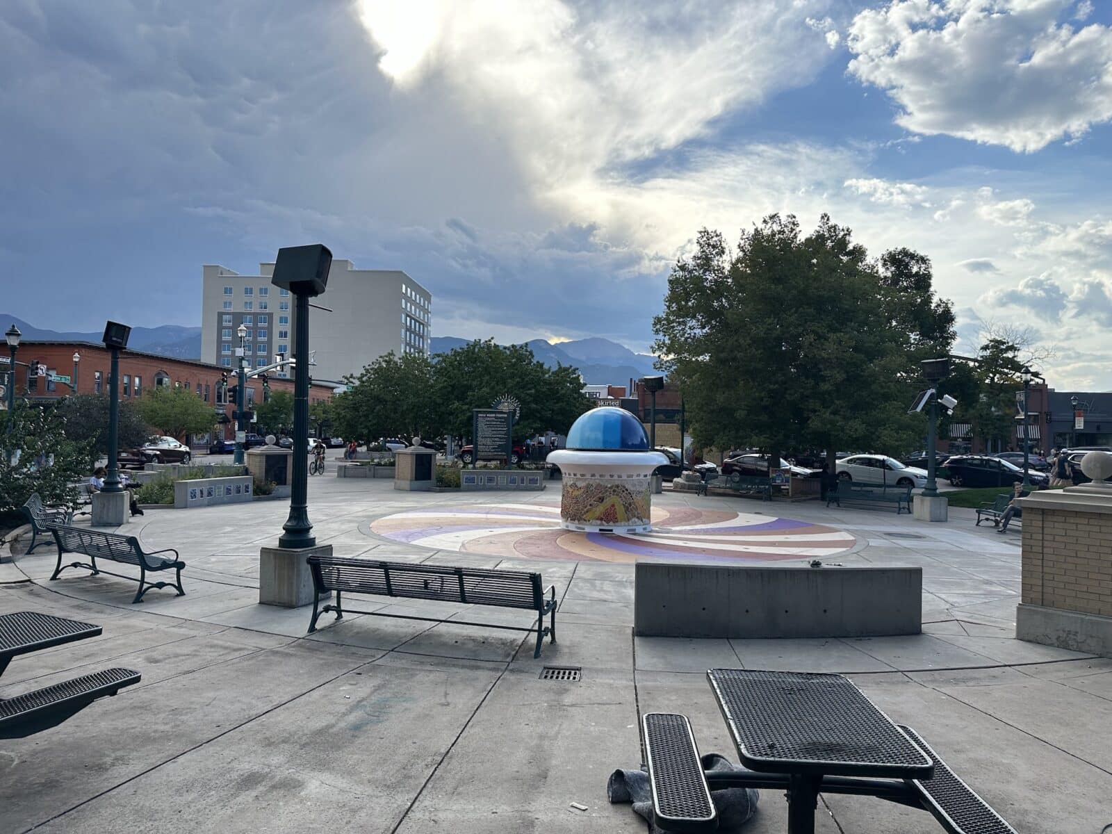 Bench seating on the corner of Acacia Park.