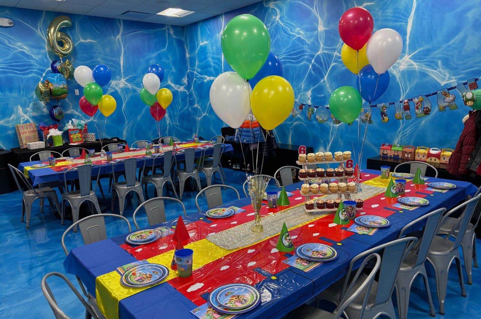 room set up for a 6 year old's birthday party at Bounce Empire in Lafayette