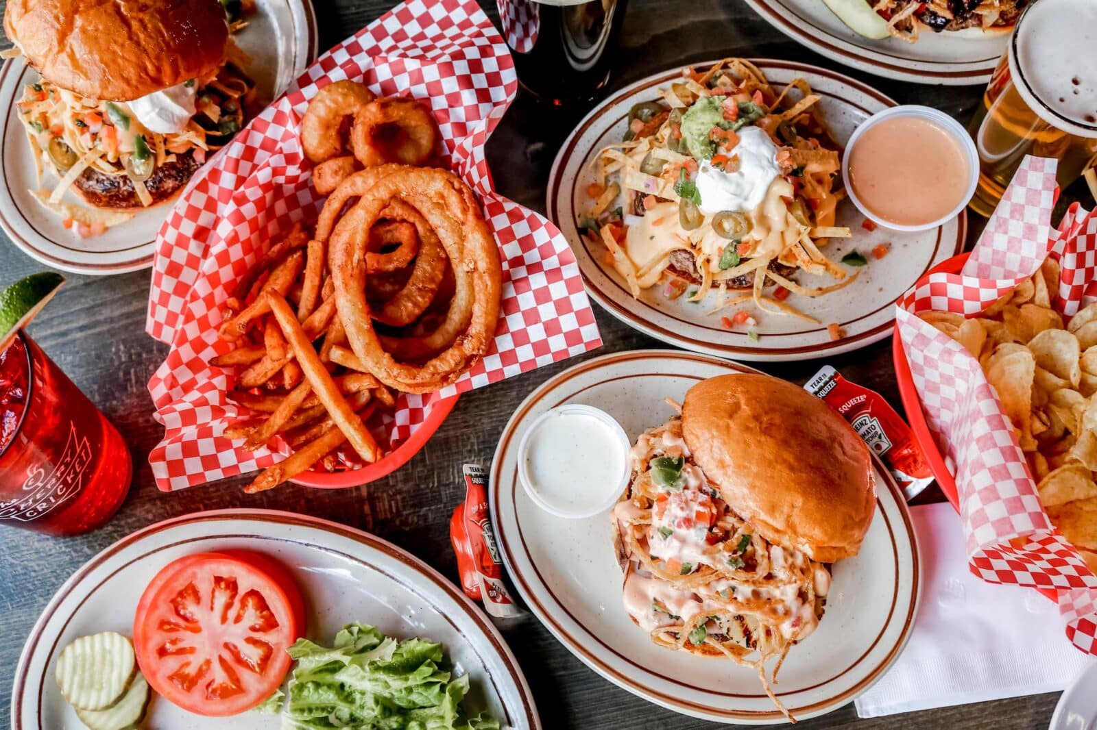 aerial view of onion rings, fries, and burgers from the Cherry Cricket