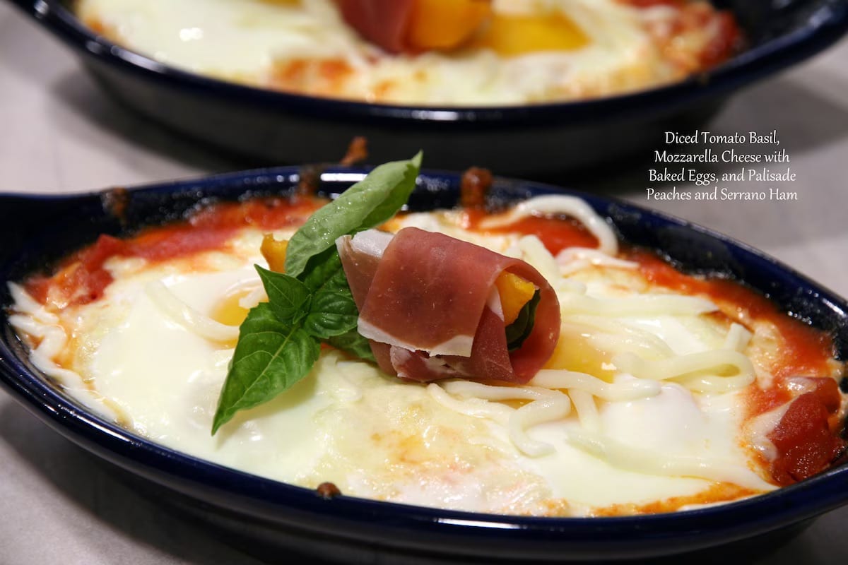 baked eggs with basil, cheese, peaches and ham at Capitol Hill Bed and Breakfast.