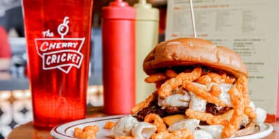 cheeseburger with Cheetos on it from Cherry Cricket