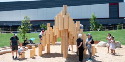 kids play on a climbing attraction at Cloud 9 Park in Denver, Colorado