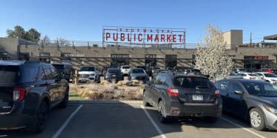 Exterior of the Edgewater Public Market and parking lot in Colorado
