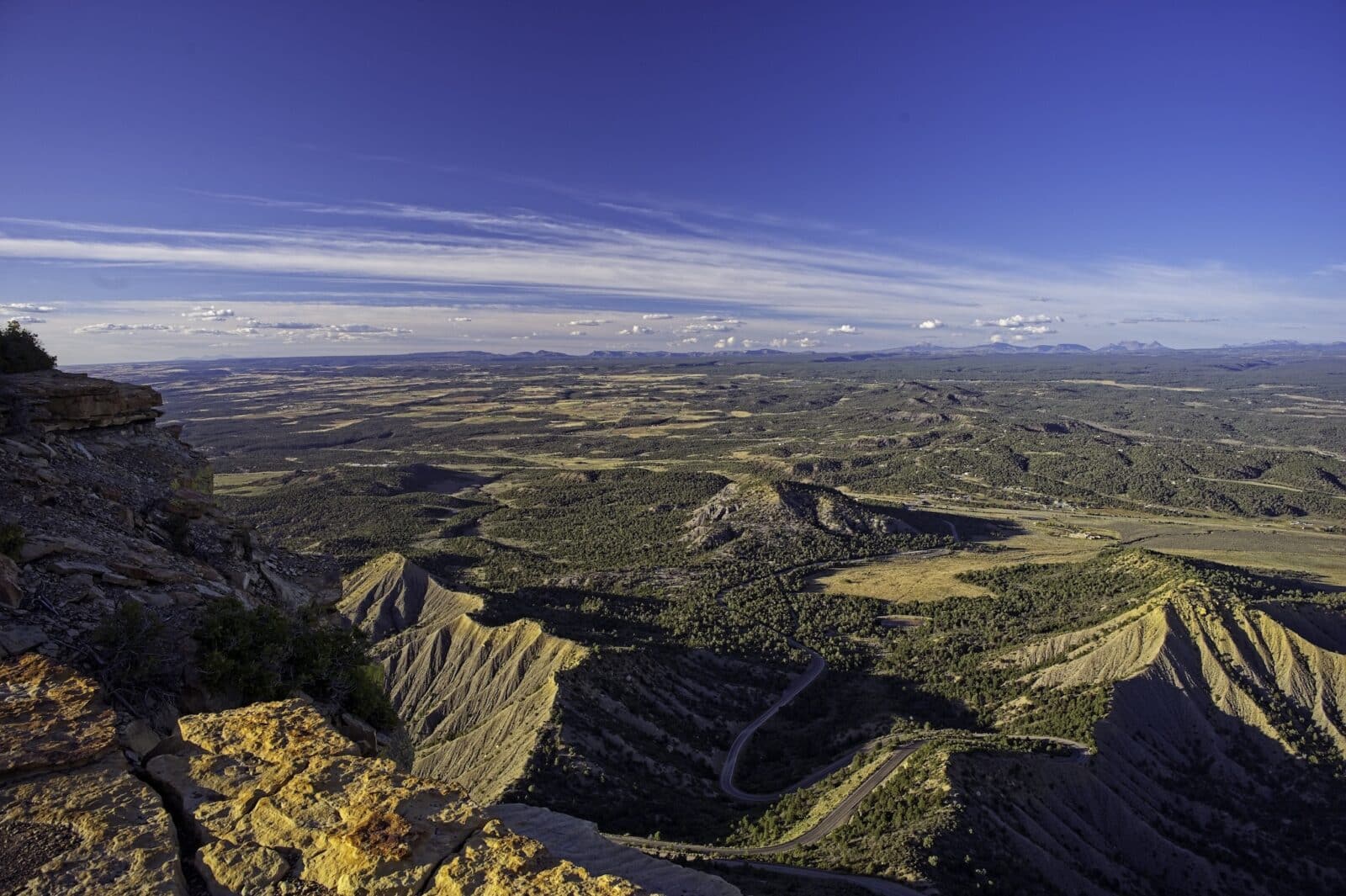 View out over a large southwestern valley at Mesa Verde Point Lookout.