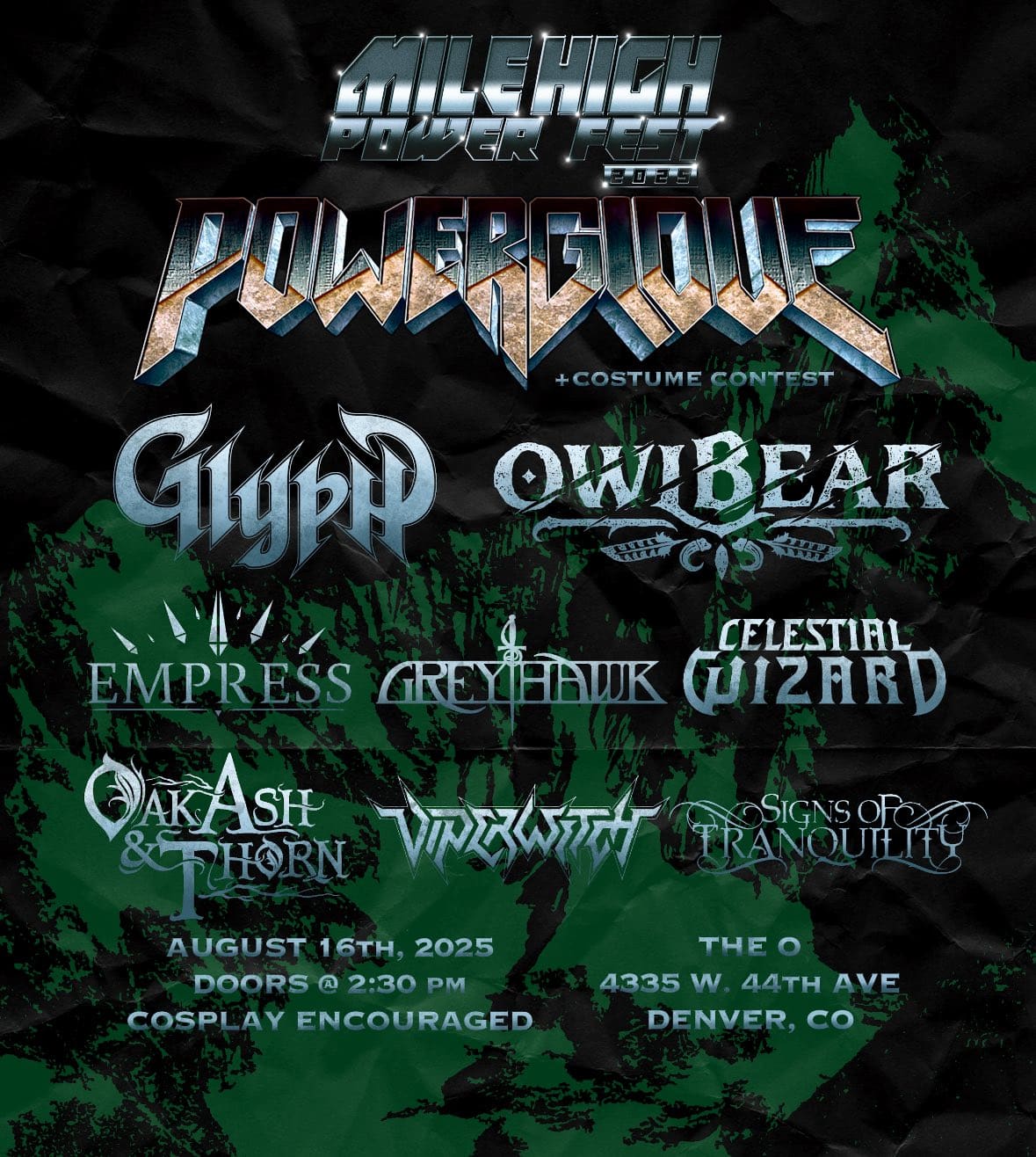 Mile High Power Fest Poster 2025 with event logo and names of bands