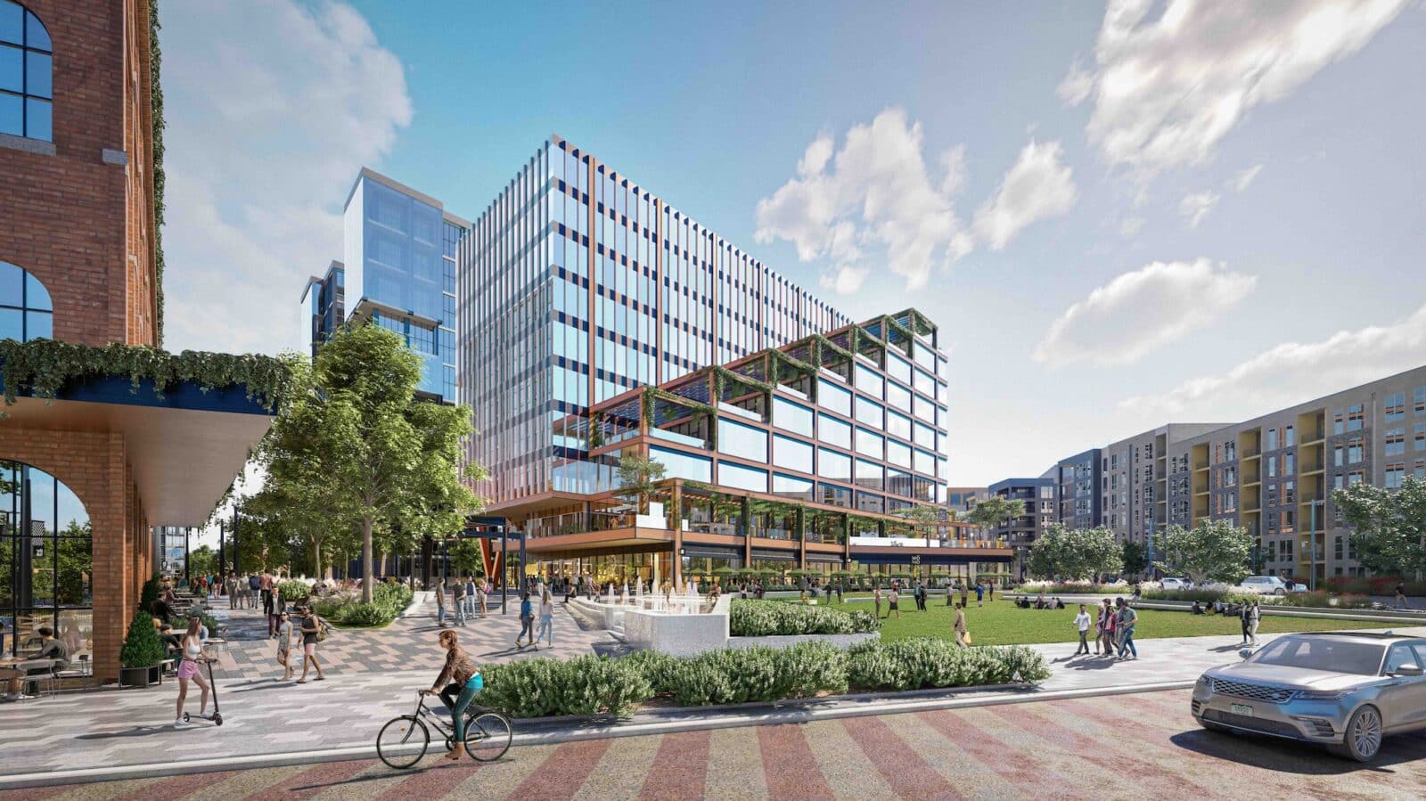 Computer rendering of glass building and green space for Denargo Market