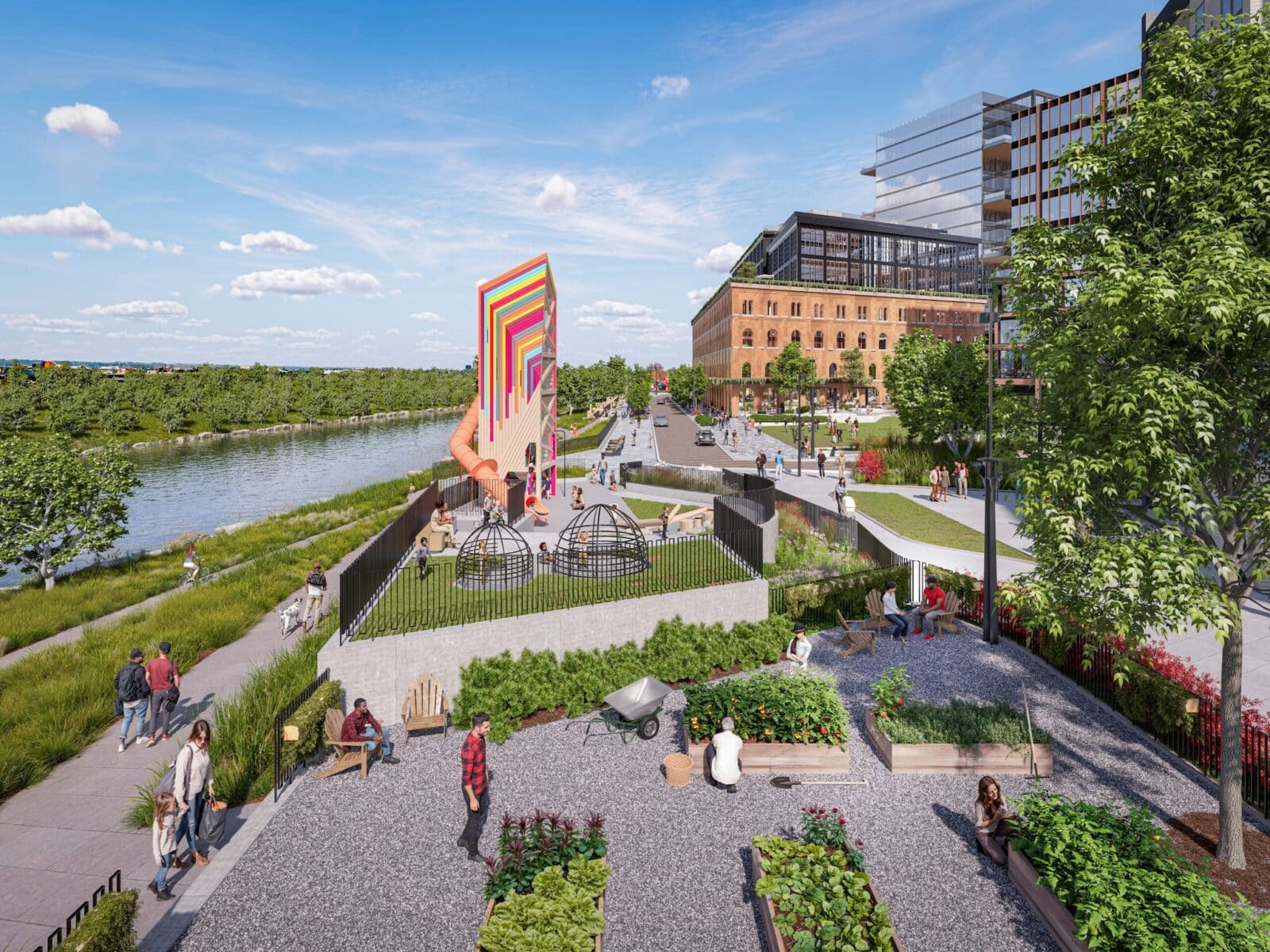 Computer rendering with South Platte River, a colorful playground and raised garden beds at Denargo Market in Denver