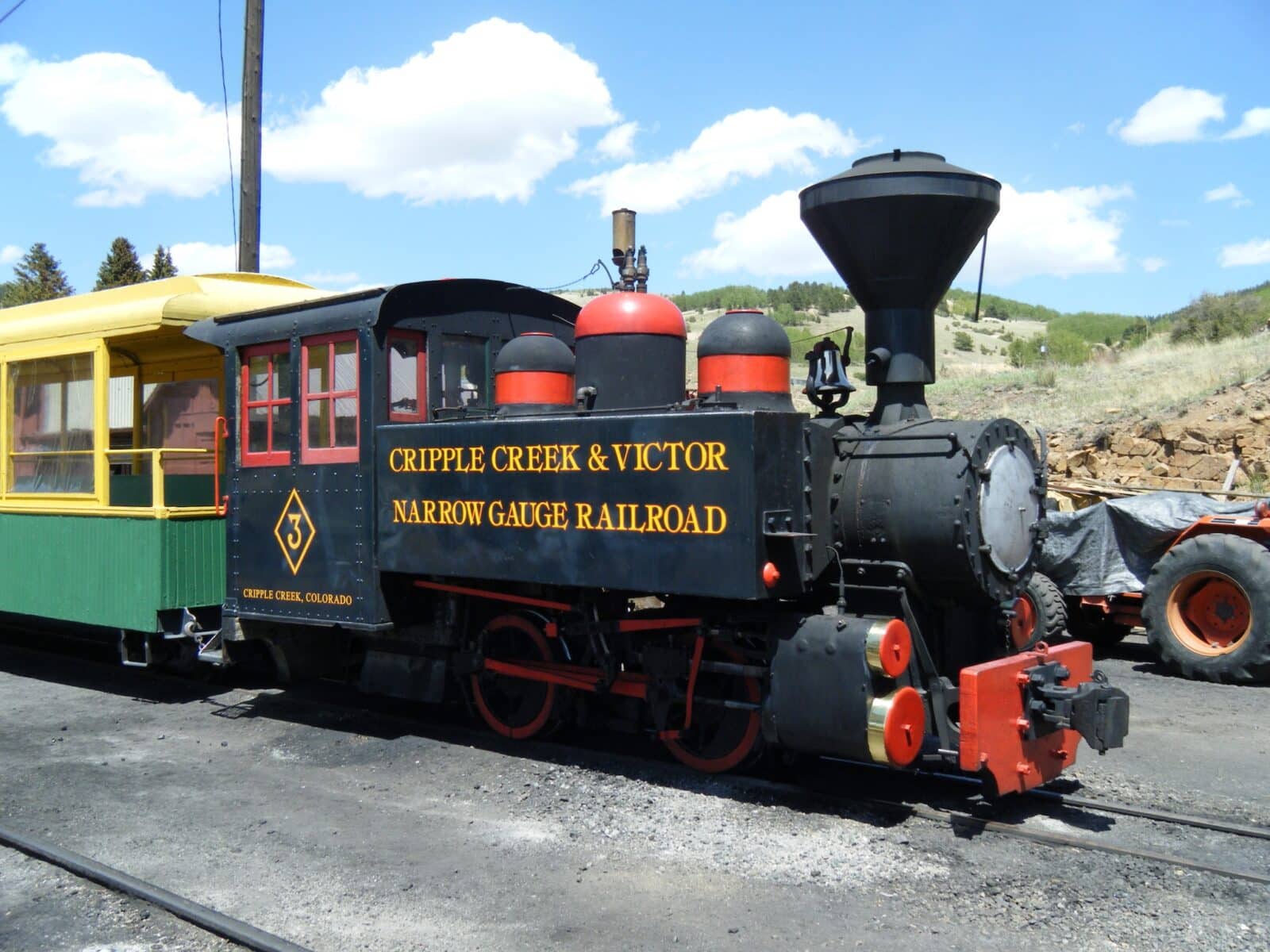 view of the locomotive parked on the tracks of the Cripple Creek & Victor Narrow Gauge Railroad