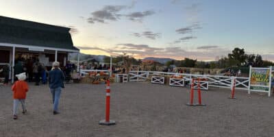 outdoor entrance to Diana's Pumpkin Patch and Corn Maze with mountains in background at sunset