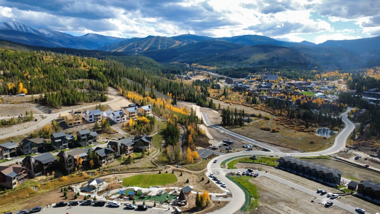 Aerial view of Idlewild Park with Winter Park Resort and fall colors in background