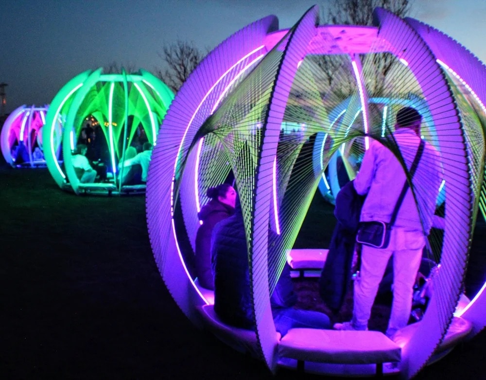 colorful circular seating installation at Aurora Borealis Festival in Colorado