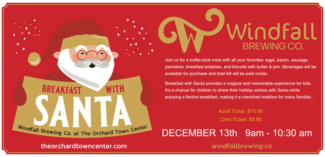 post for the 2025 Santa Breakfast at Windfall Brewing Co. in Westminster