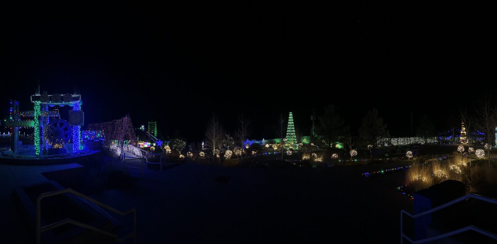 Royal Gorge Bridge of Lights panorama showing Christmas lights