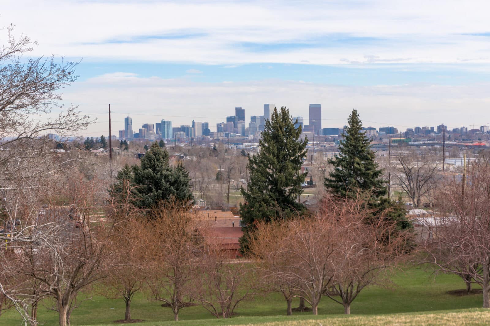 Denver, Colorado skyline is visible from Ruby Hill Park