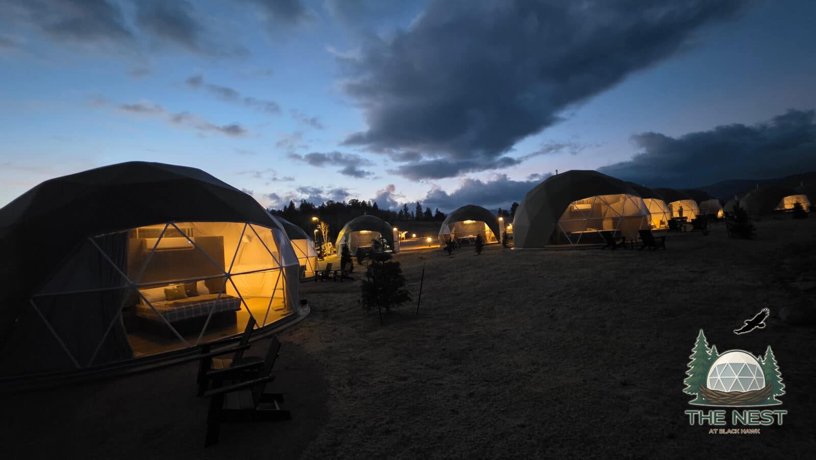 night time view of the domes at The Nest at Black Hawk