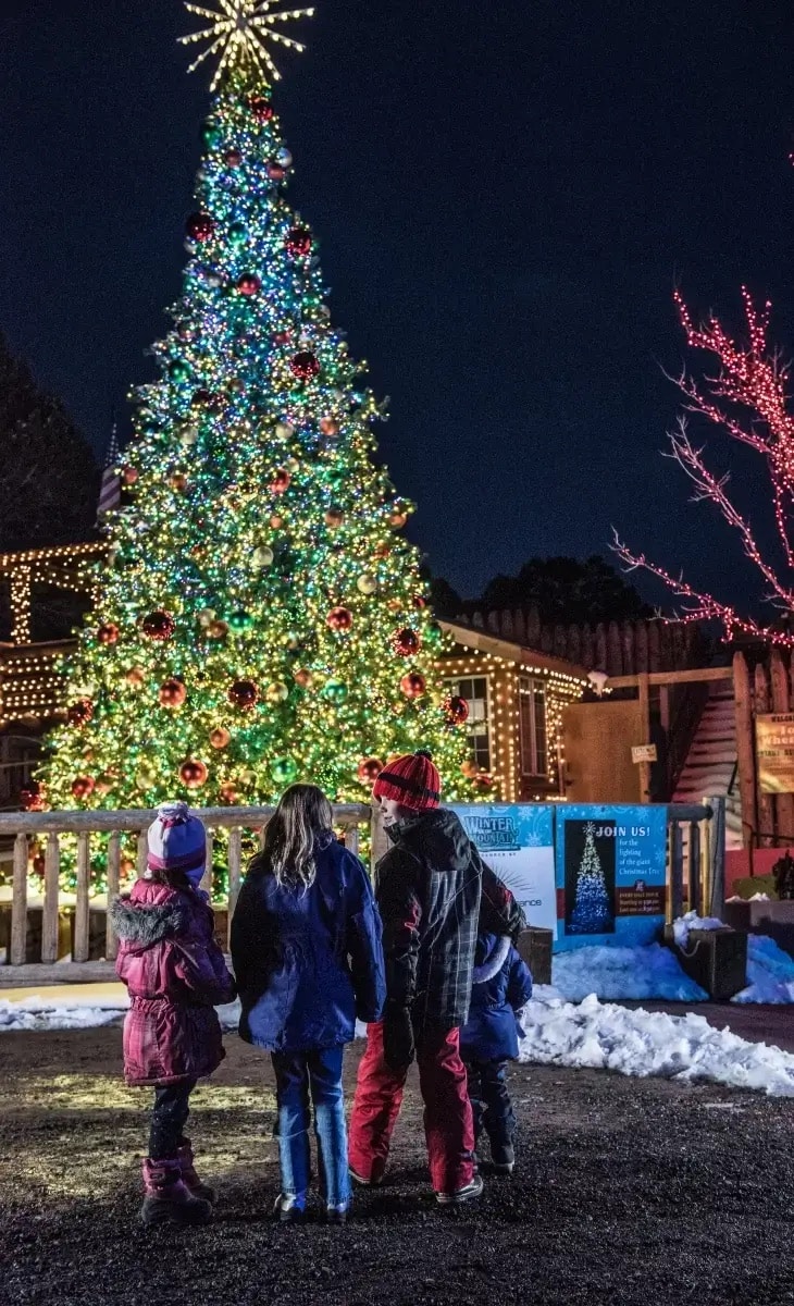 3 kids stand at base of tall Christmas tree outside at Winter on the Mountain