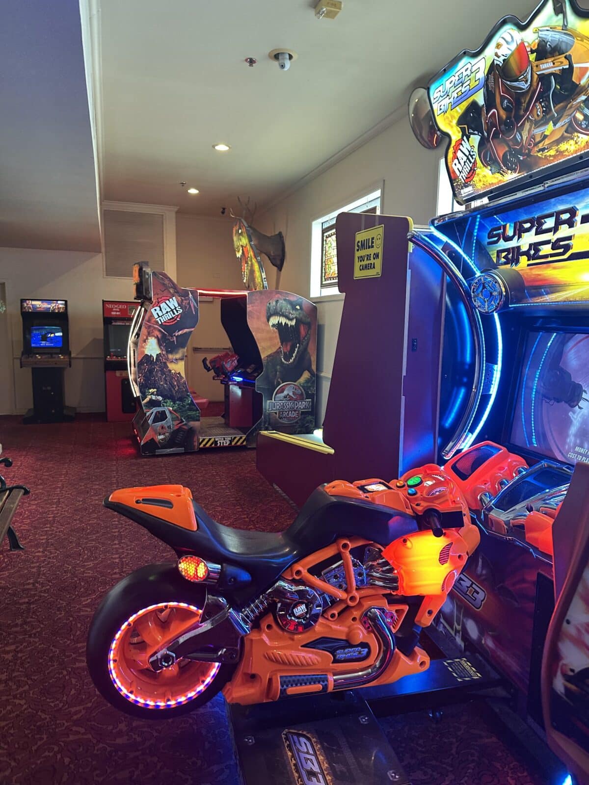 Motorcycle arcade game insideFargo's Pizza Company in Colorado Springs