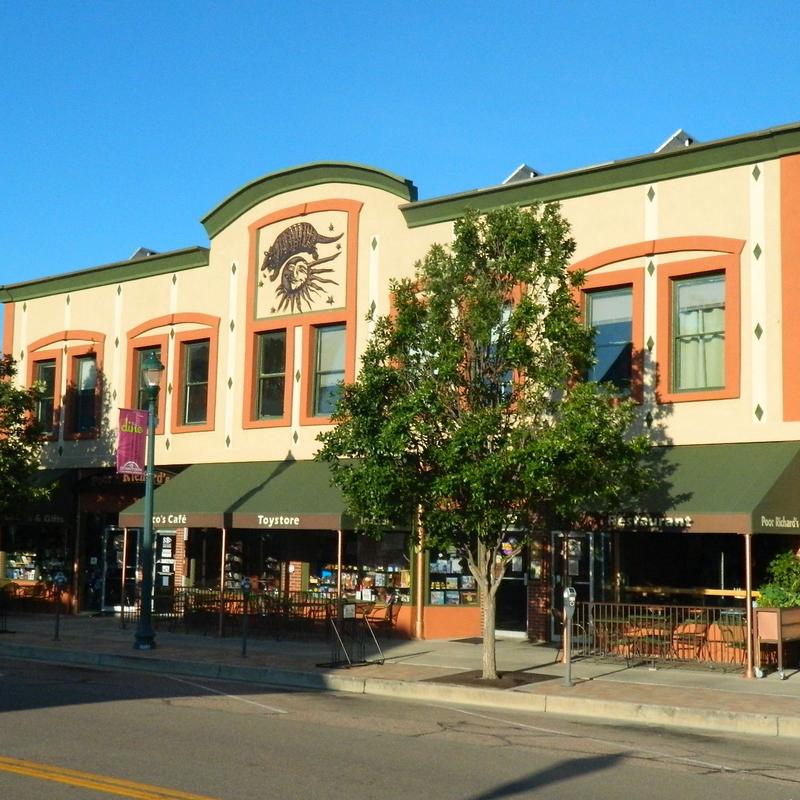 looking at outside of Poor Richard's from across the street in downtown Colorado Springs