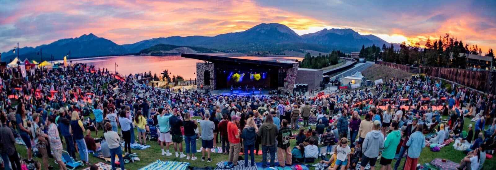 sunset over the mountains, Lake Dillon, and Dillon Amphitheater