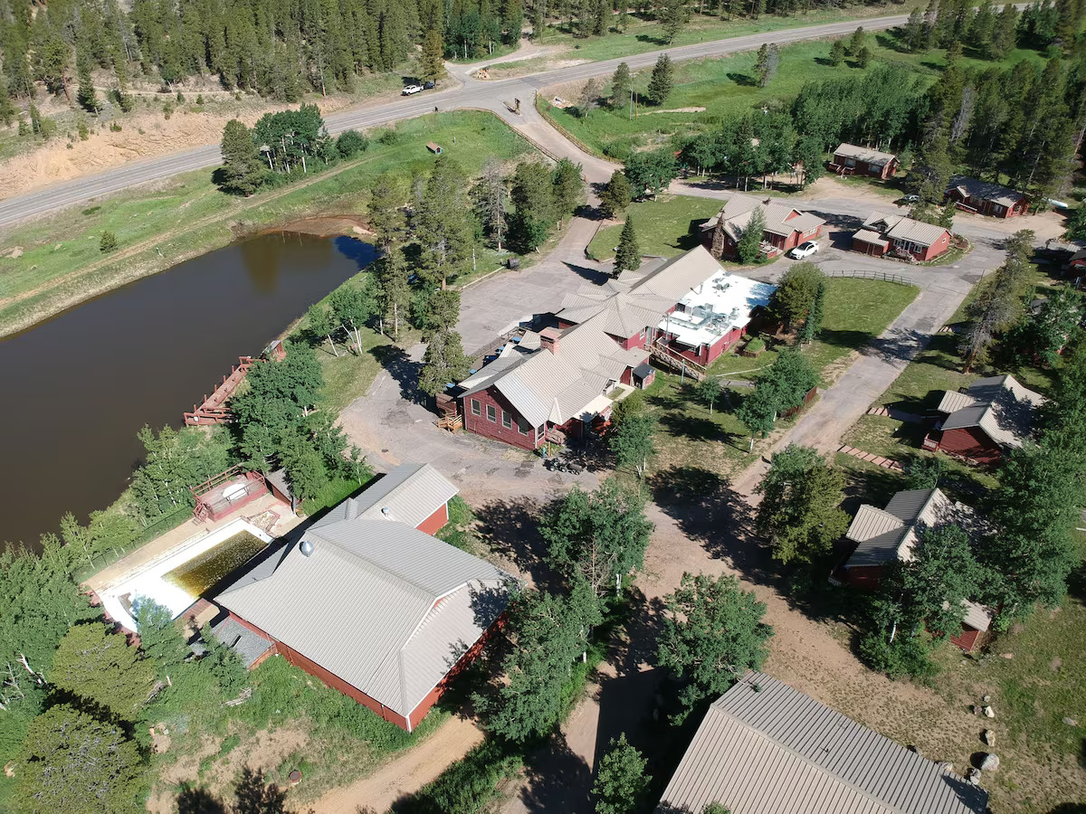 Aerial view of Dao House property grounds in Estes Park