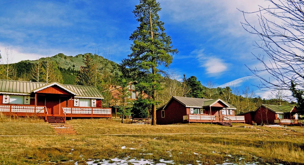 three cabins and tall conifer tree at Dao House in Estes Park