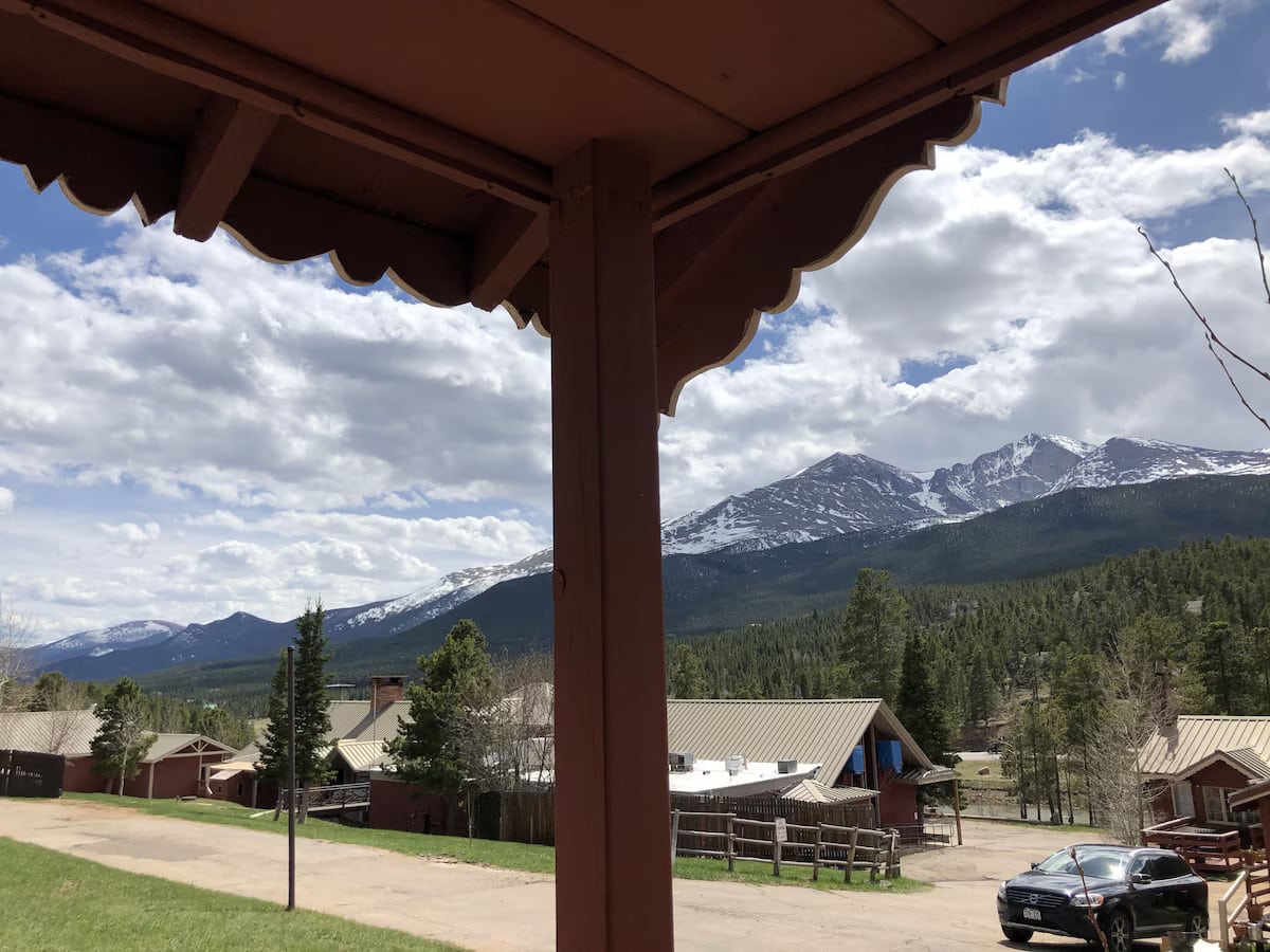 Mountain view from front porch at Dao House in Estes Park