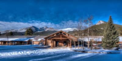 Property entrance covered in snow at Dao House in Estes Park