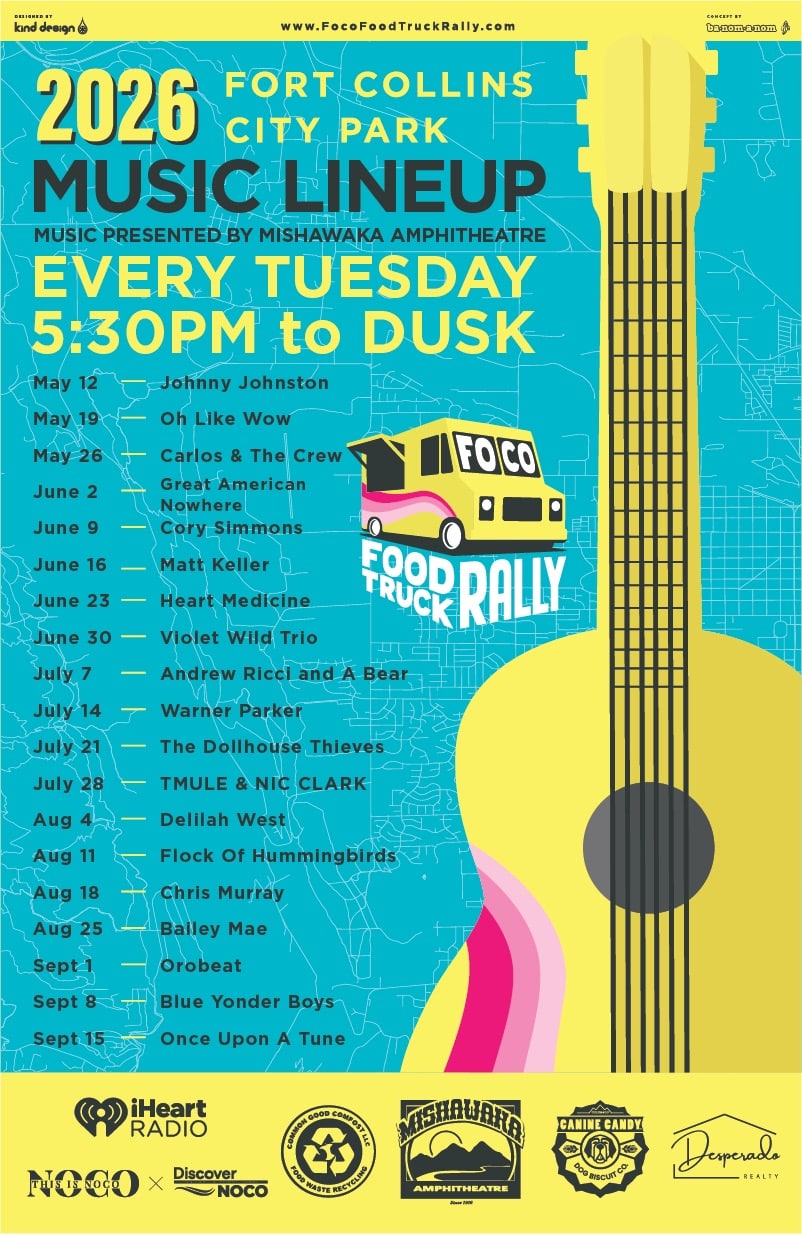 2026 music lineup poster for the FoCo Food Truck Rally