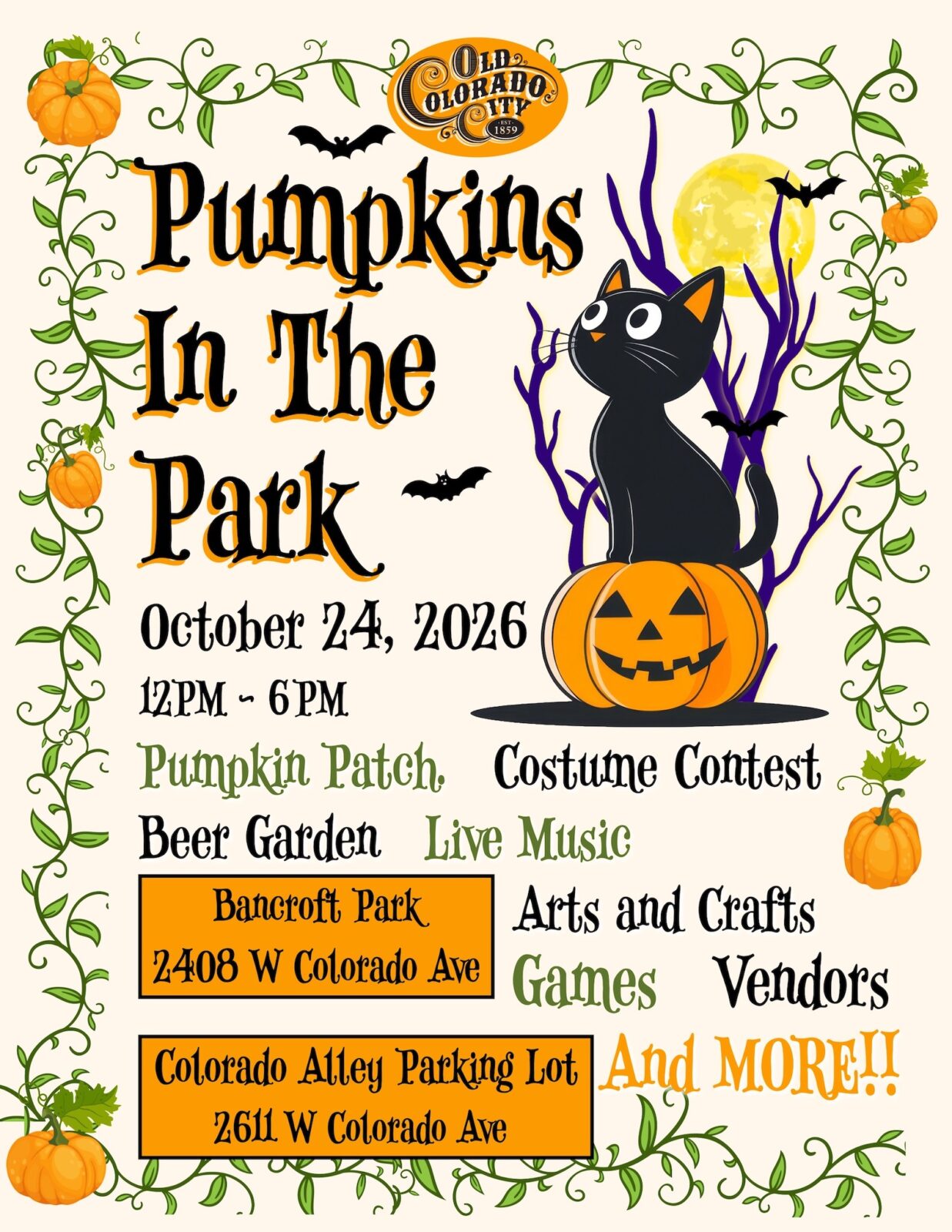 poster for the 2026 Pumpkins in the Park event in Old Colorado City
